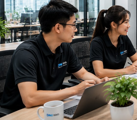 Đội ngũ DNWeb trao đổi bên màn hình dự án